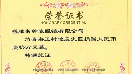 青海玉樹(shù)地震災區捐款證書(shū)